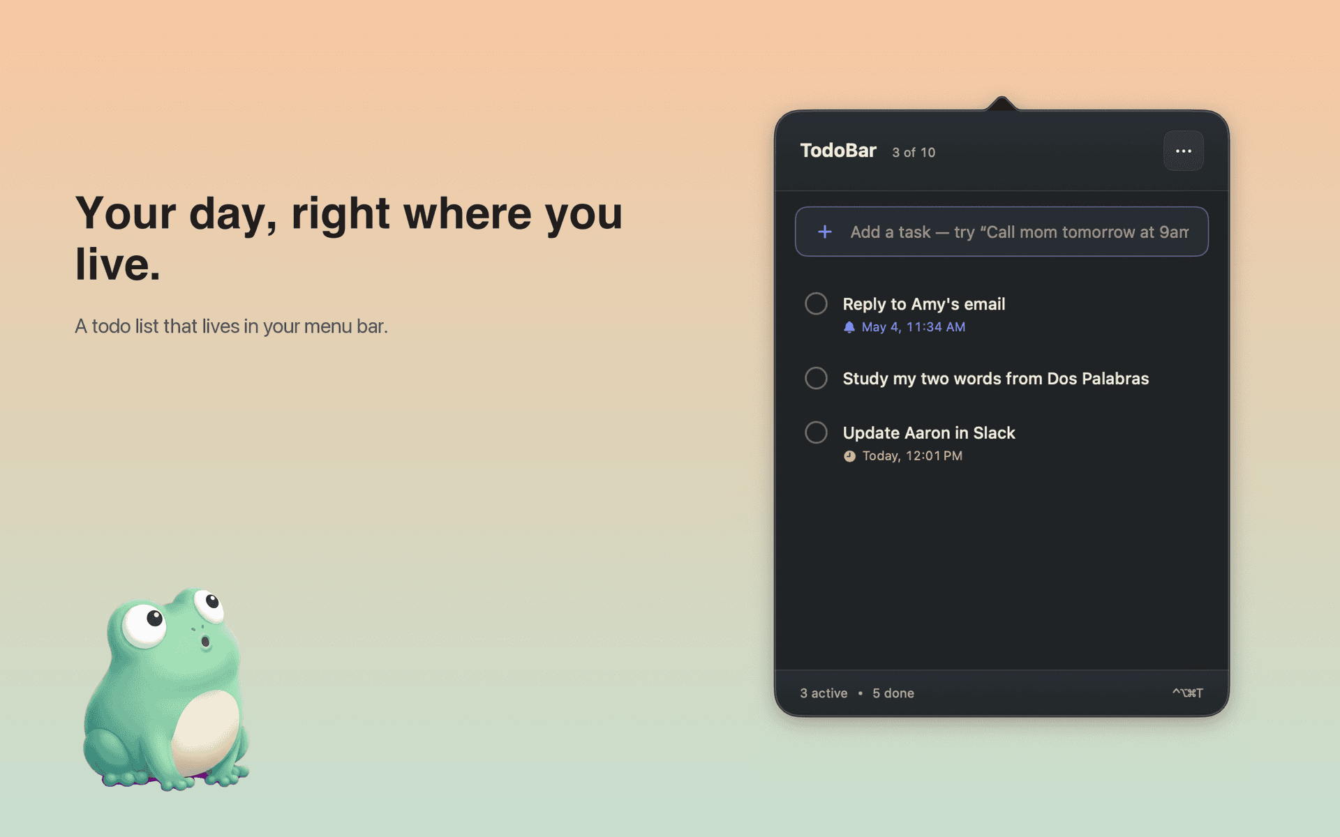 TodoBar popover with three active tasks and Tad mascot peeking from the corner