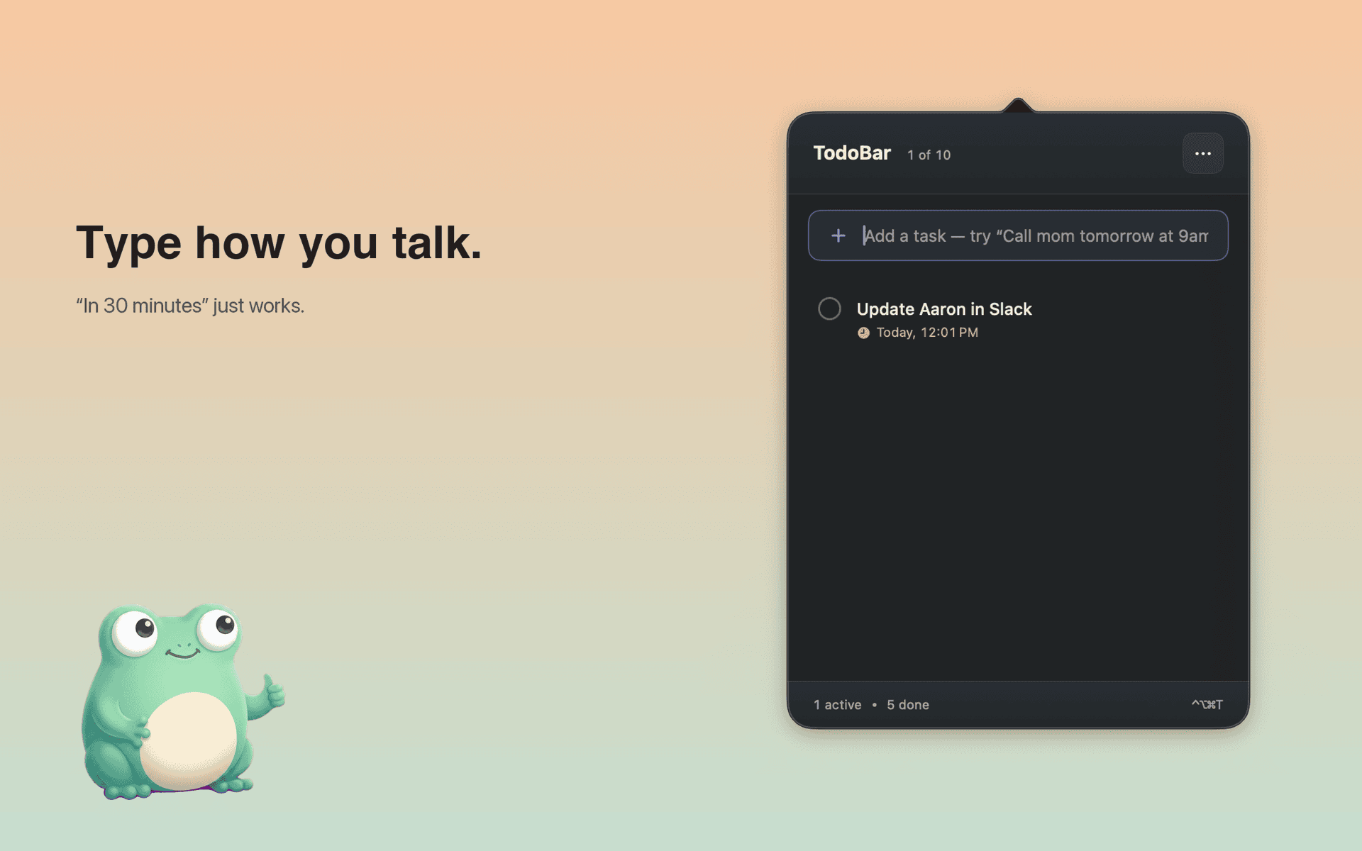 Popover showing a parsed task with the due time auto-extracted